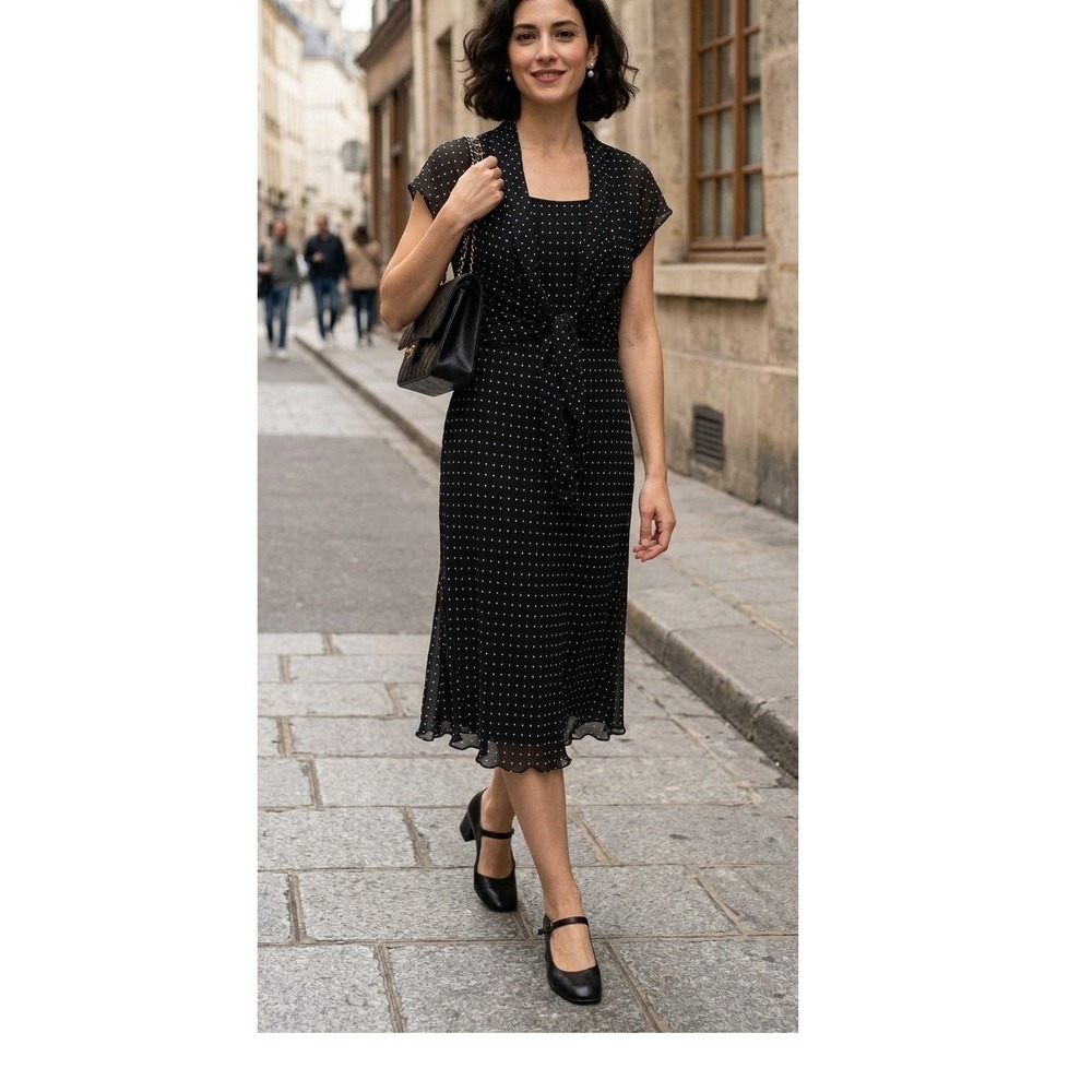 Evan-Picone Black Polka Dot Tie Front Midi Dress Size 10 Viscose Rayon Classic